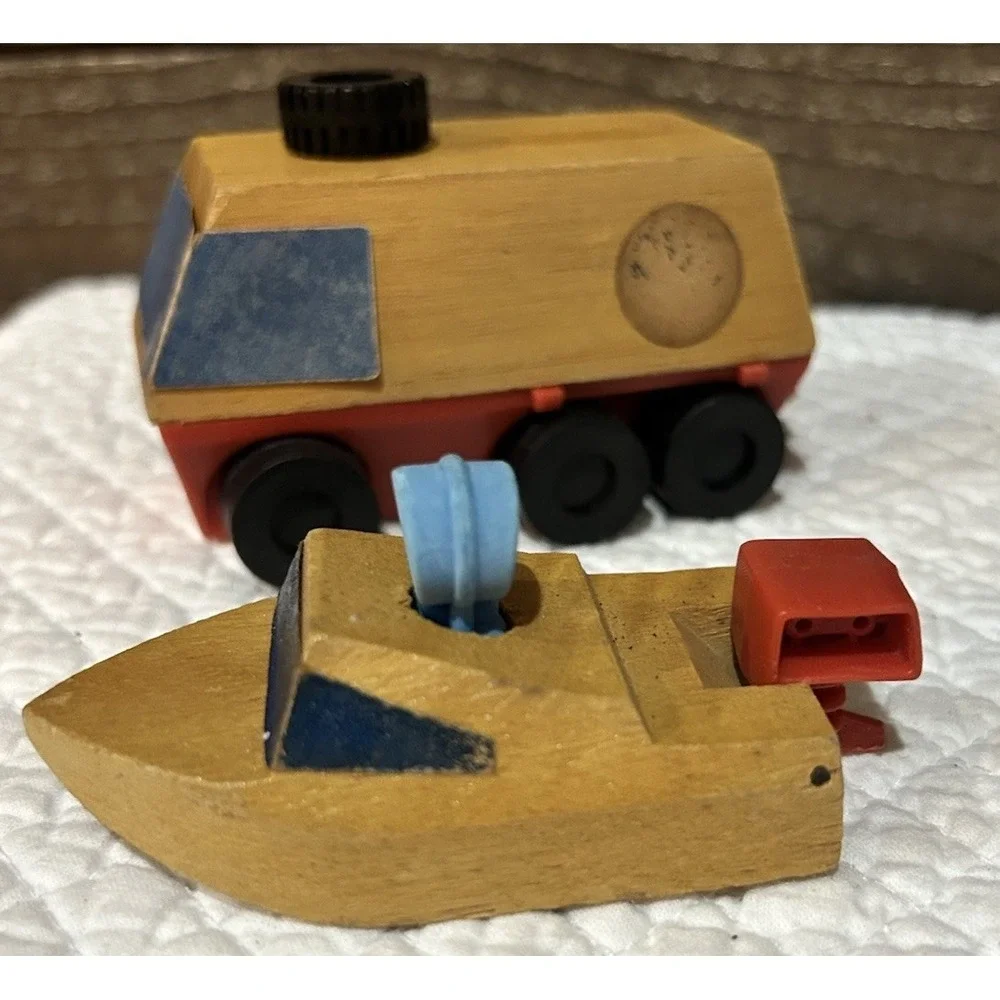Vintage Mattel Camp‎ Wind Up and Go Truck & Boat Wooden  1973